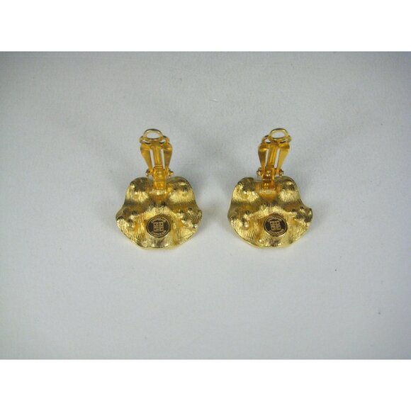 Vintage Givenchy Gold Tone Rhinestone Clip On Earrings Round Wavy Design - Picture 5 of 9